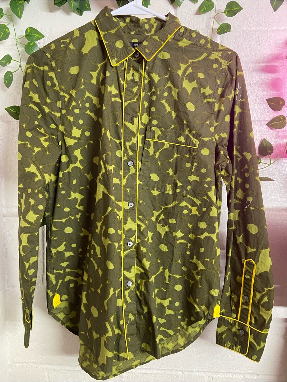 J. Crew Olive Green Floral Button-Down Shirt with Yellow Piping